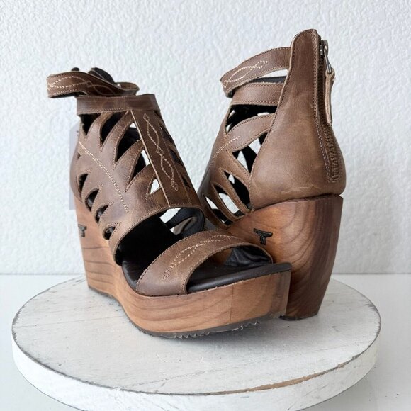 NEW Lane Boots BECCA Womens Brown Wedges 7 Western Sandals Cowgirl Wooden Heel - Picture 1 of 12